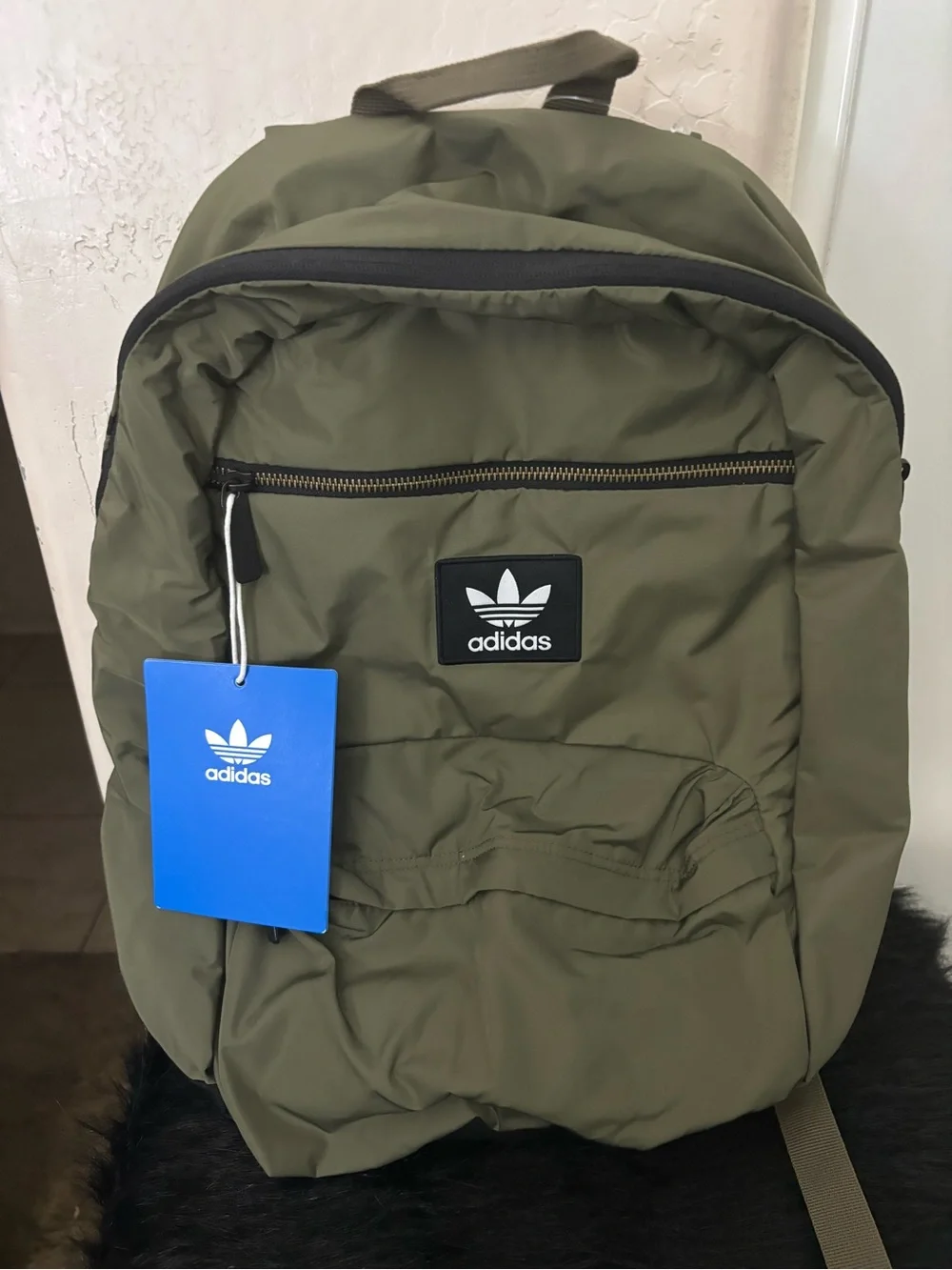 NWT adidas Originals Nationals Plus Olive Green Backpack with Trefoil logo.